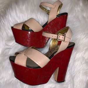 Kelsi Dagger Red Cork Platform Leather Wedges